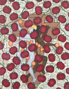 William N. Copley Untitled (Apples and Oranges), 1986 Acrylic and lace on canvas 195.6 x 152.4 cm Courtesy William N. Copley Estate and Paul Kasmin Gallery, New York